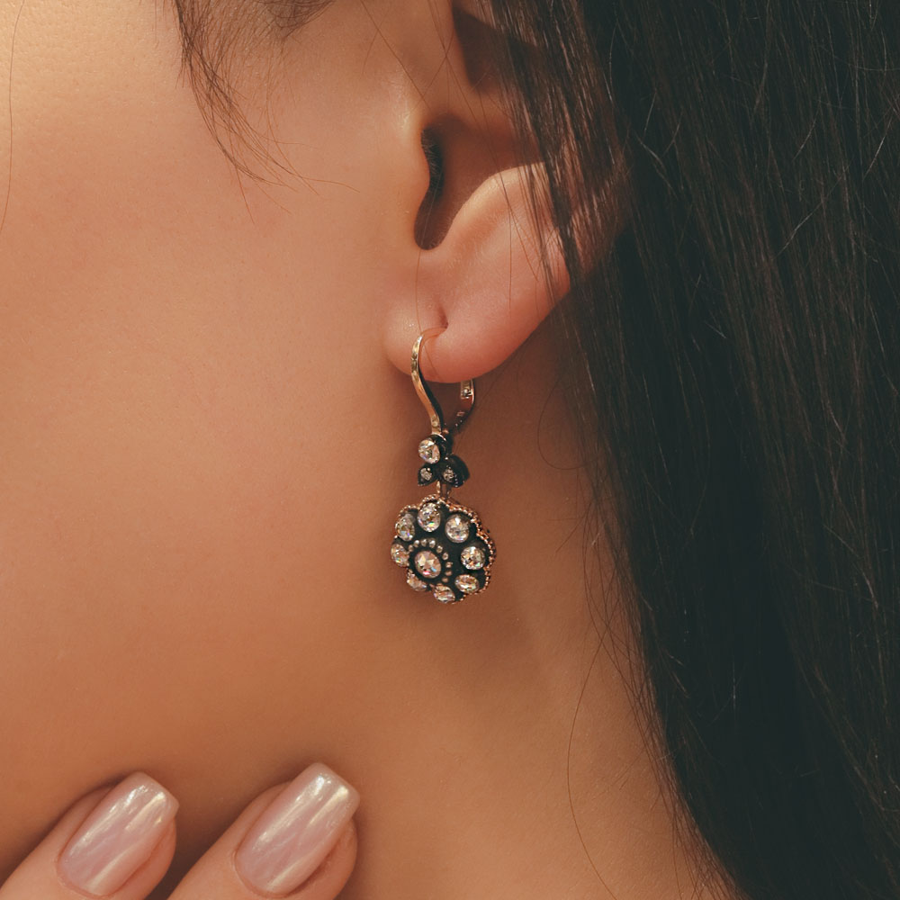 Özel Tasarım Küpe 14 Ayar Altın Çiçek Form Taşlı Küpe