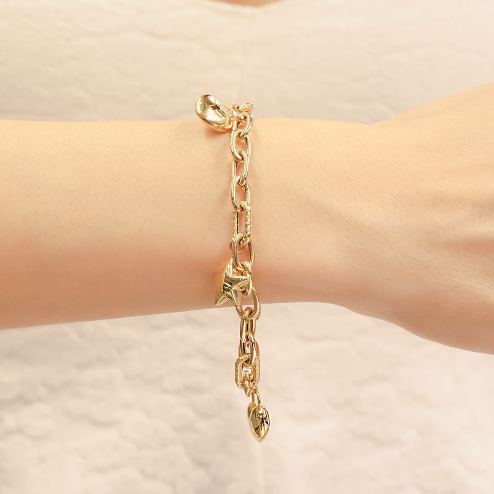 Figürlü Bileklik 14 Ayar Altın Kalp ve Yıldız Figürlü Bileklik