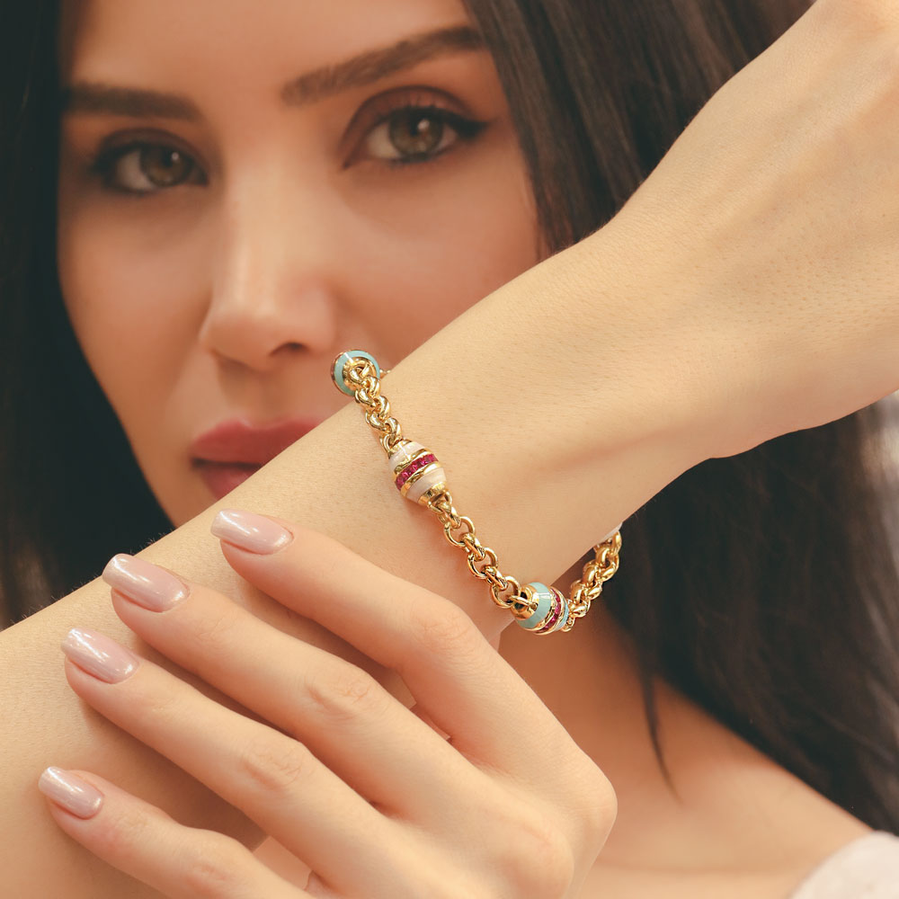 Trend Bileklik 14 Ayar Altın Mine ve Yakut Taş Detaylı Zincir Bileklik