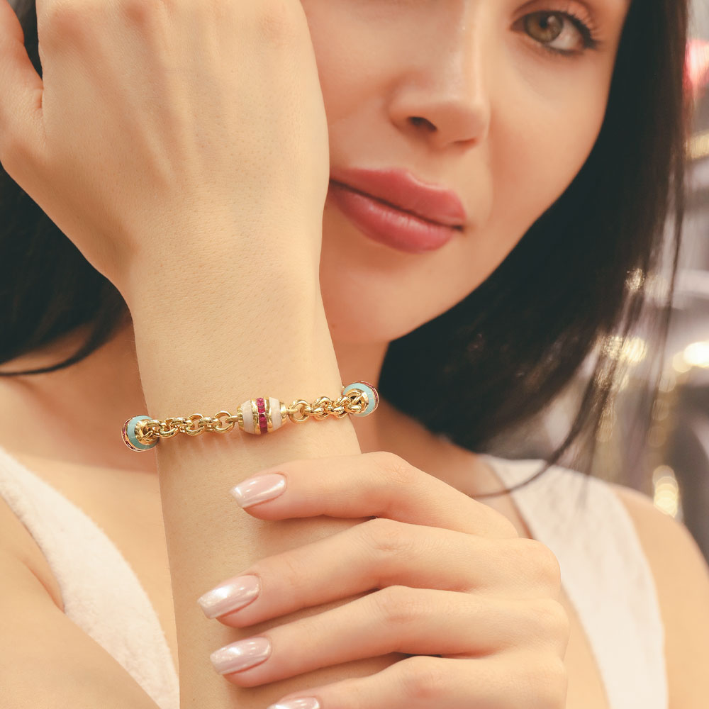 Trend Bileklik 14 Ayar Altın Mine ve Yakut Taş Detaylı Zincir Bileklik