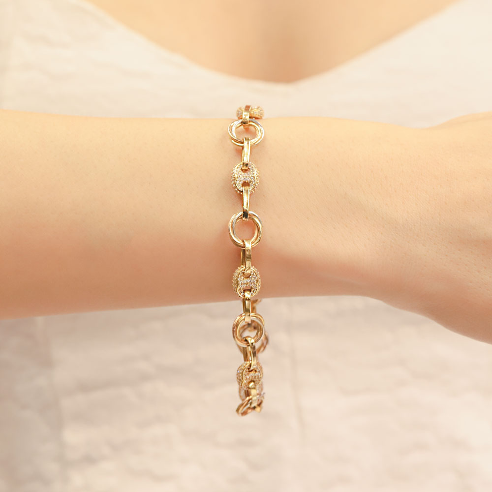 Trend Bileklik 14 Ayar Altın Taş Detaylı Yuvarlak Halkalı Zincir Bileklik