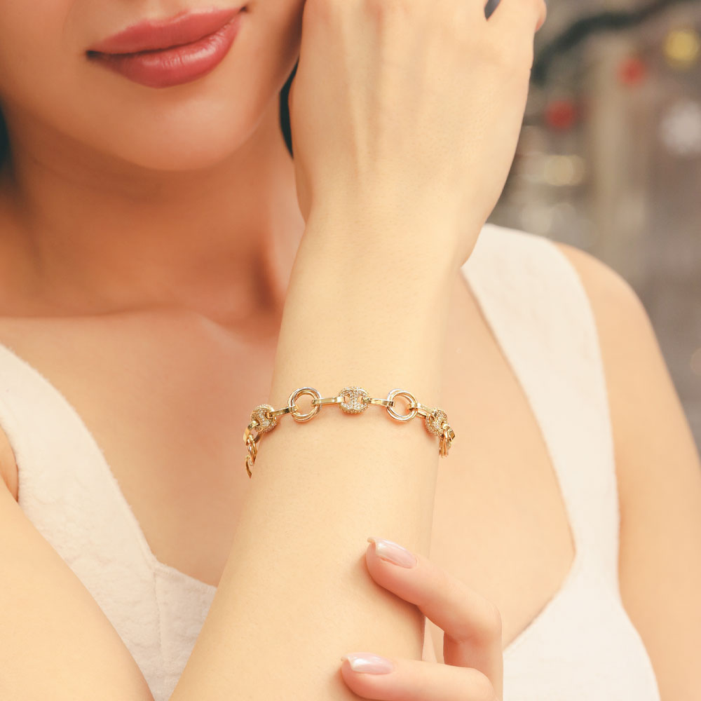 Trend Bileklik 14 Ayar Altın Taş Detaylı Yuvarlak Halkalı Zincir Bileklik